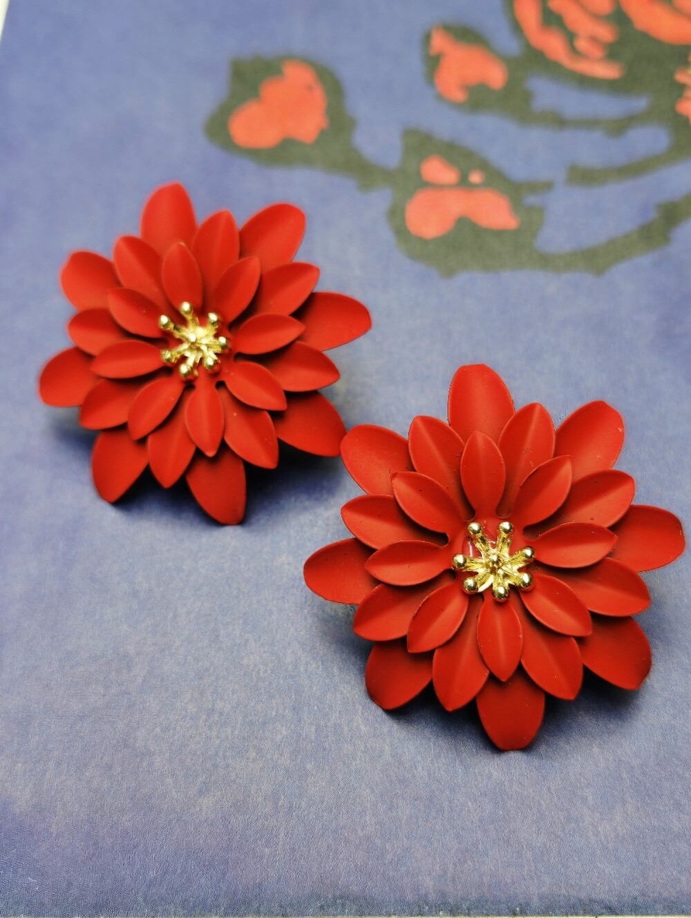 Red Metal Floral Statement Earrings With Golden